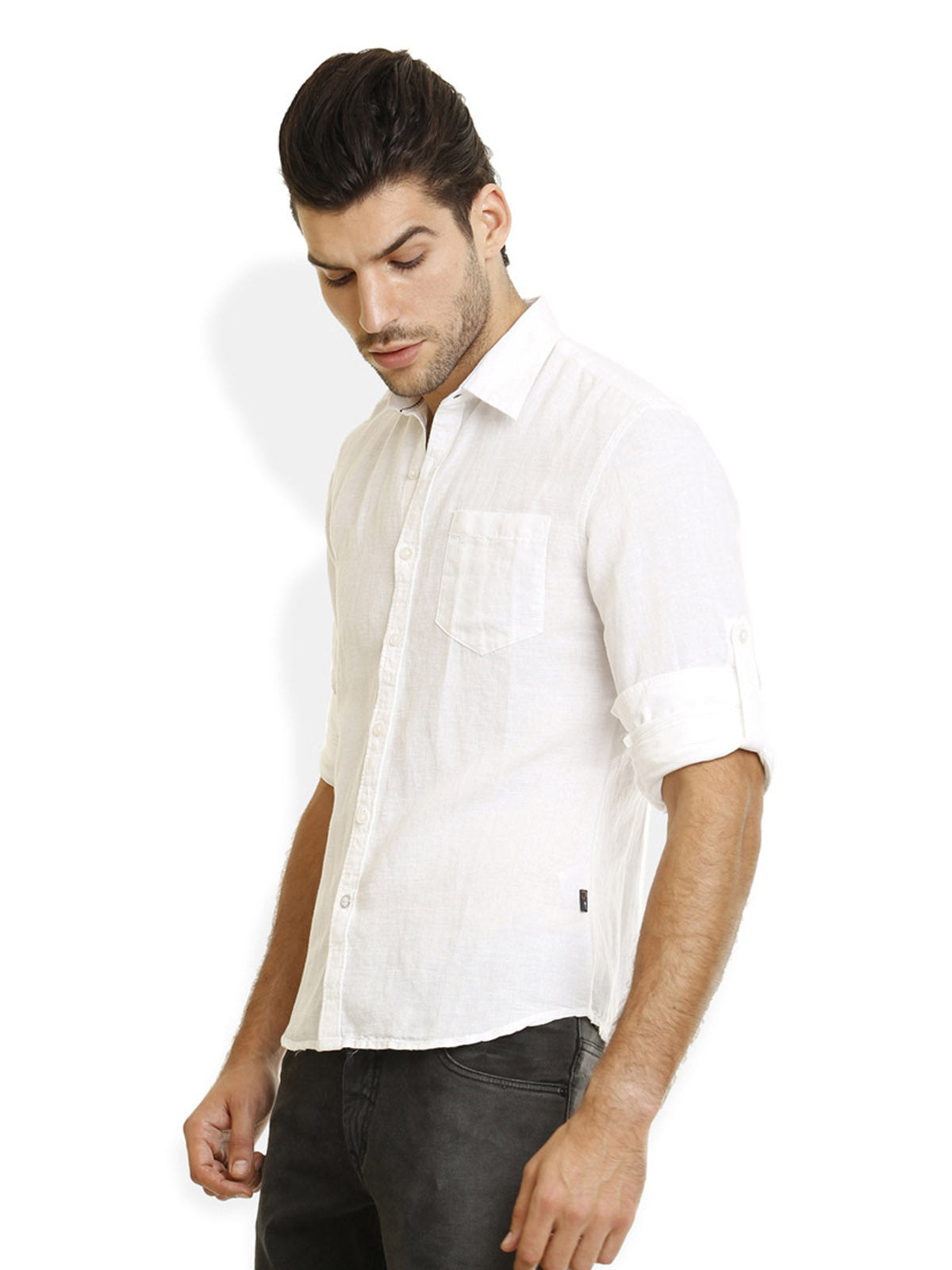 Men White Cotton Linen Slim Fit Casual Shirt