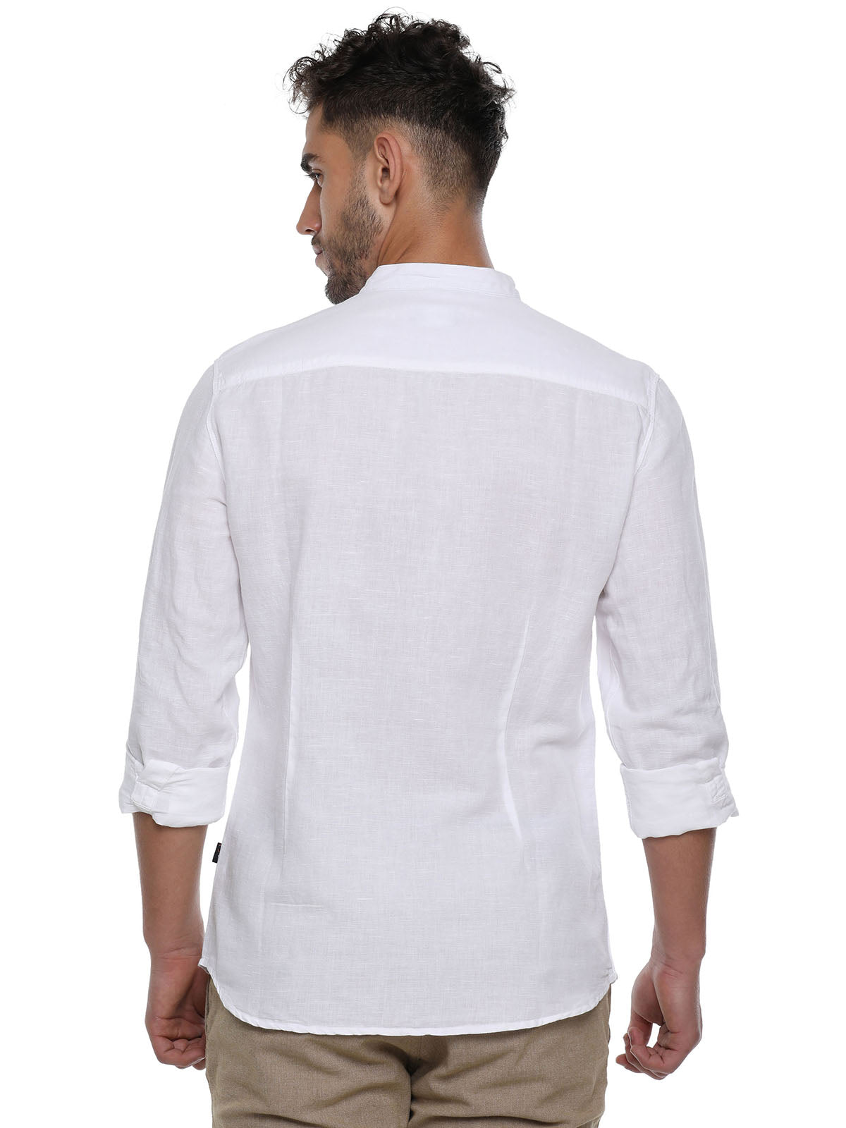 Men Solid White Cotton Linen Mandarin Collar Slim Fit Casual Shirt