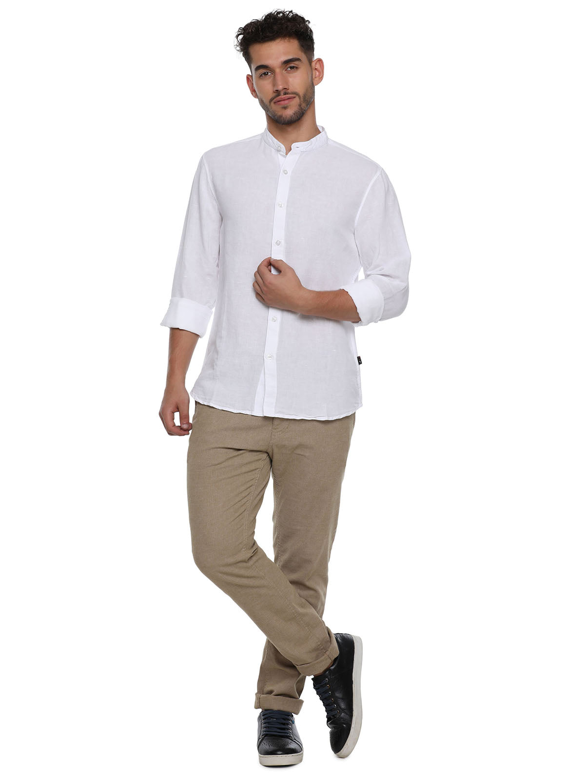 Men Solid White Cotton Linen Mandarin Collar Slim Fit Casual Shirt