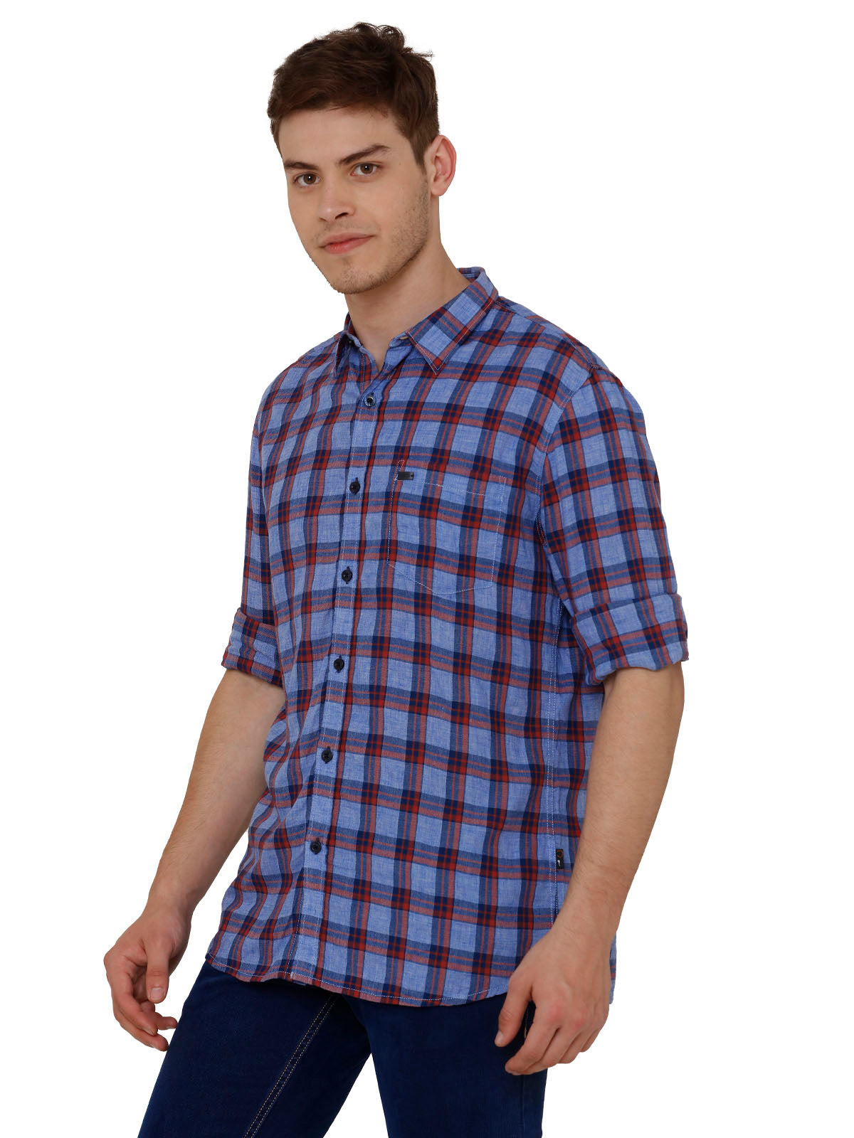 Men Blue Cotton Linen Slim Fit Checkered Casual Shirt