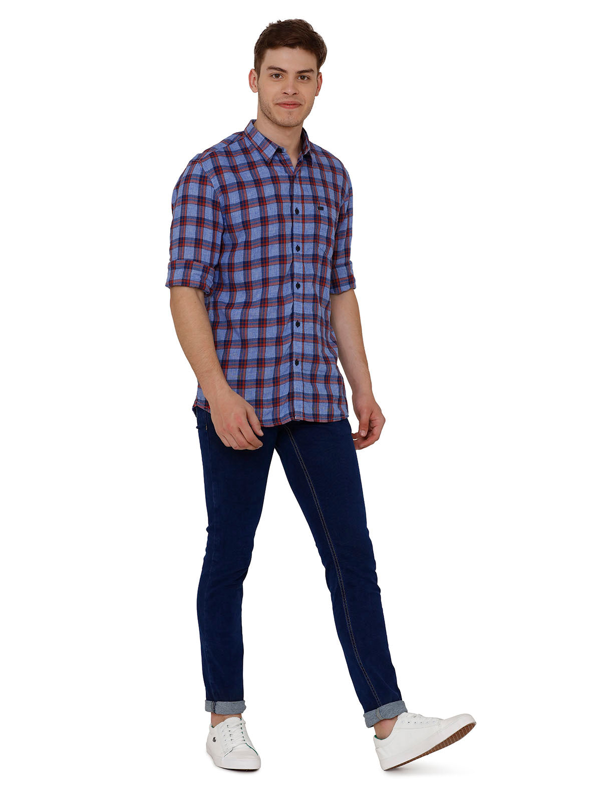Men Blue Cotton Linen Slim Fit Checkered Casual Shirt