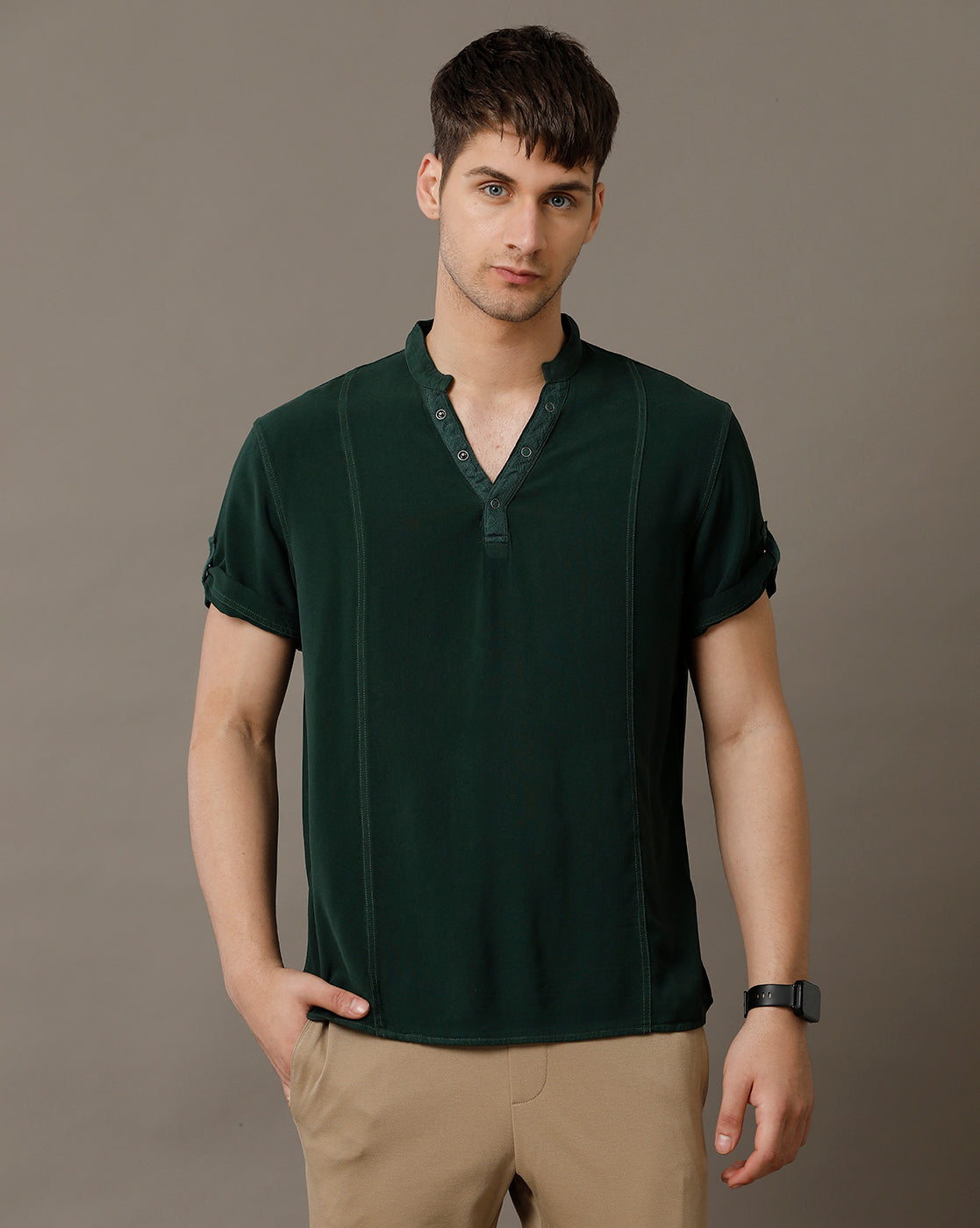 IDENTITI Men Slim Fit Mandarin Collar Solid Shirt In M.Green.