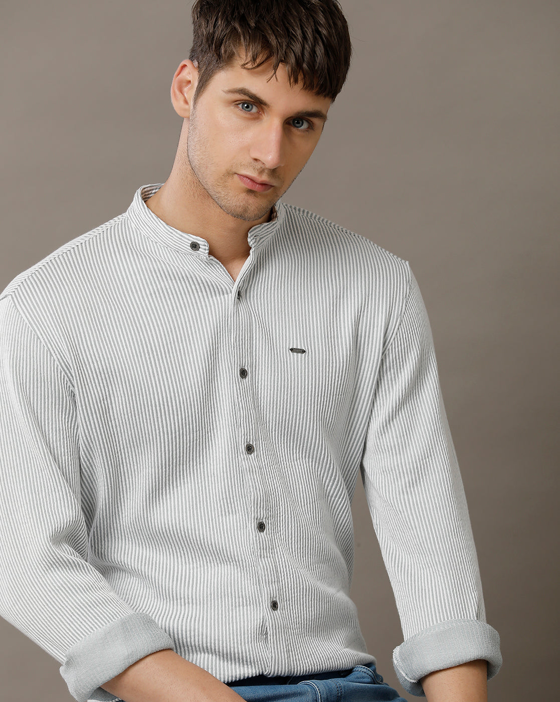 IDENTITI Men Slim Fit Mandarin Collar Stripe Shirt In Grey.