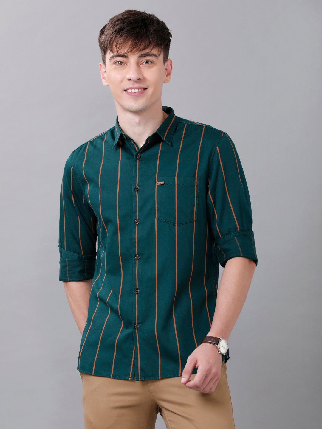 Identiti Men Slim Fit Twill Stripe Shirt - Green