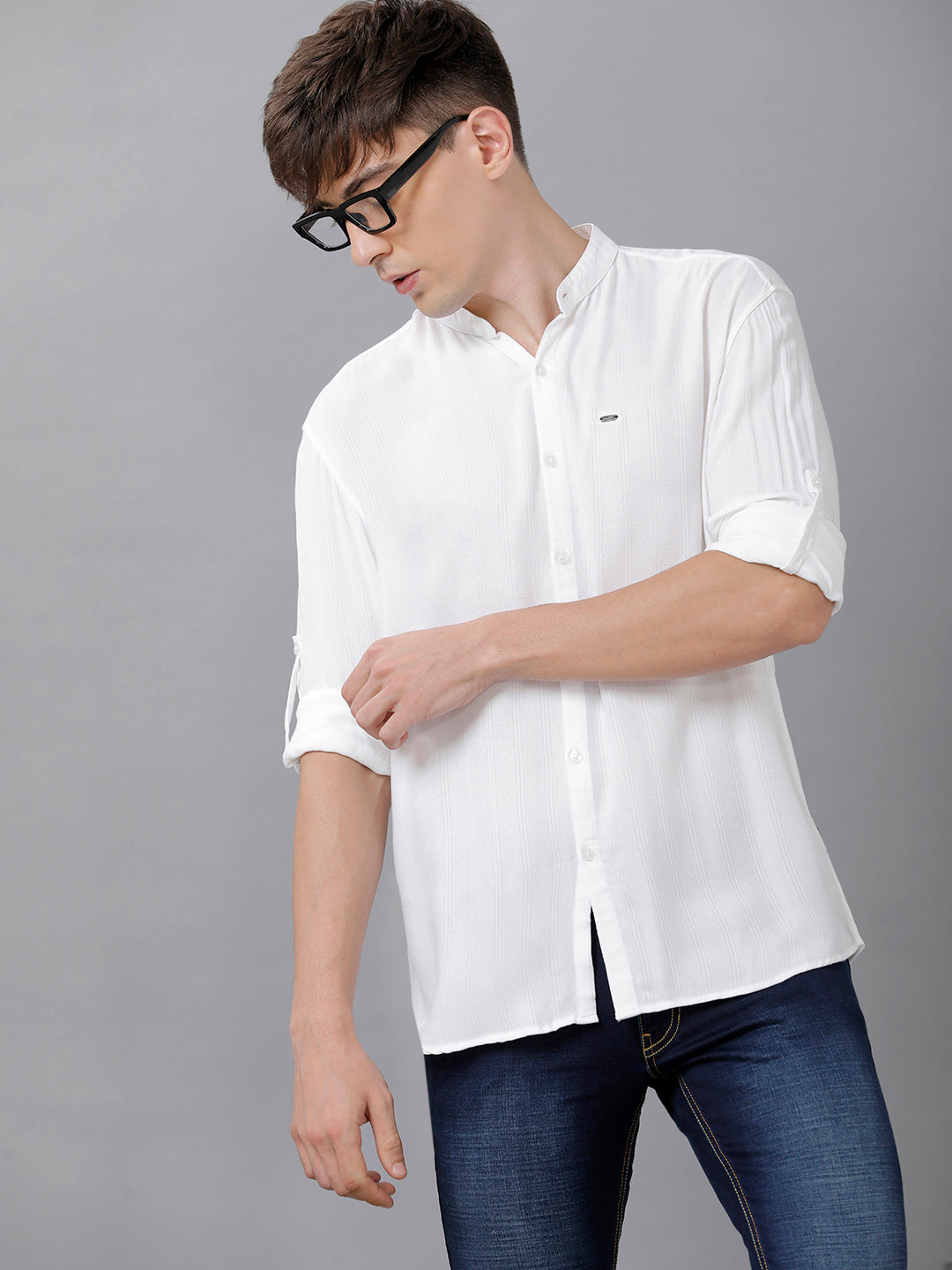 Identiti Men Slim Fit Self Dobby Solid Shirt - White