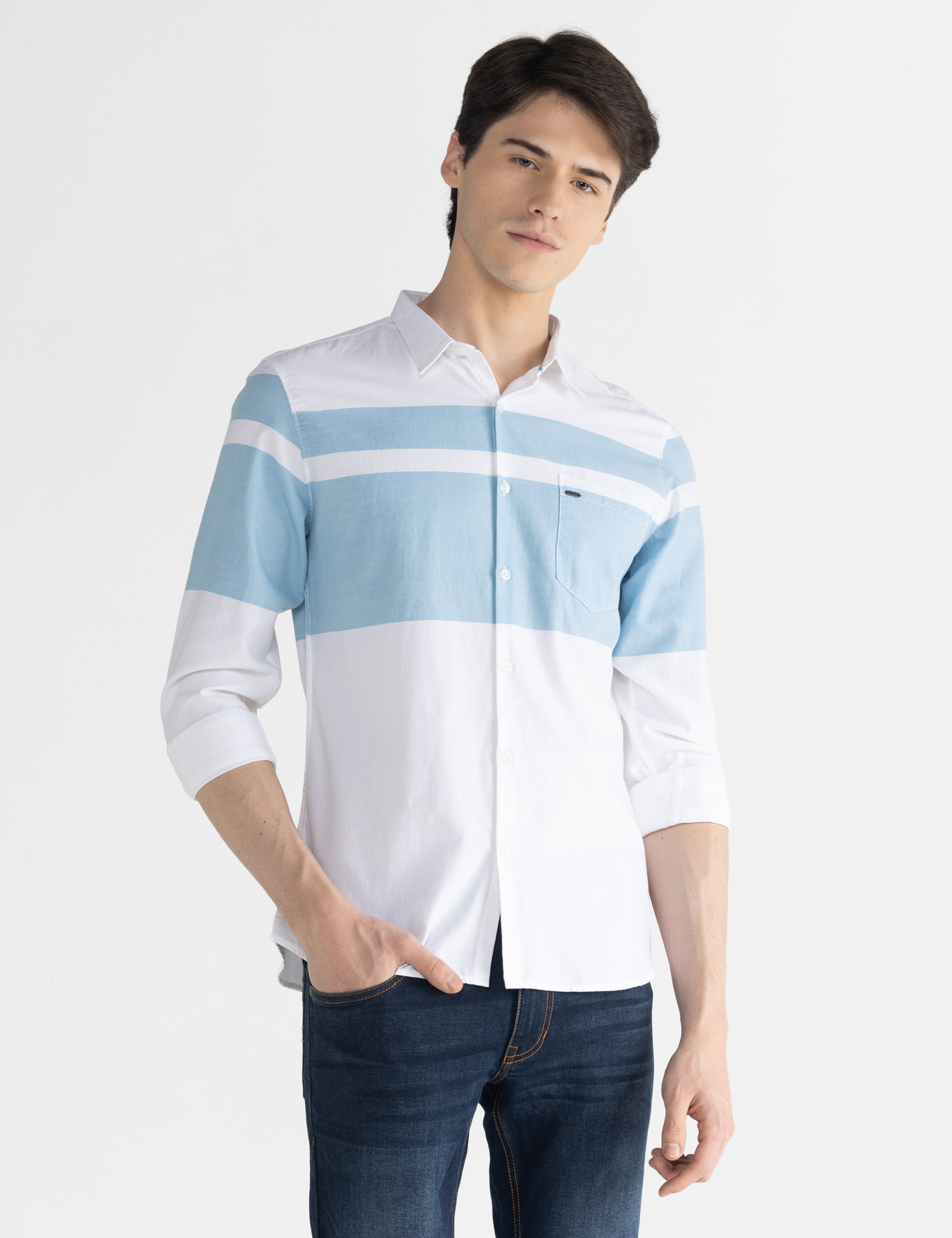 Identiti Men Casual Engineered Stripe Shirt In White