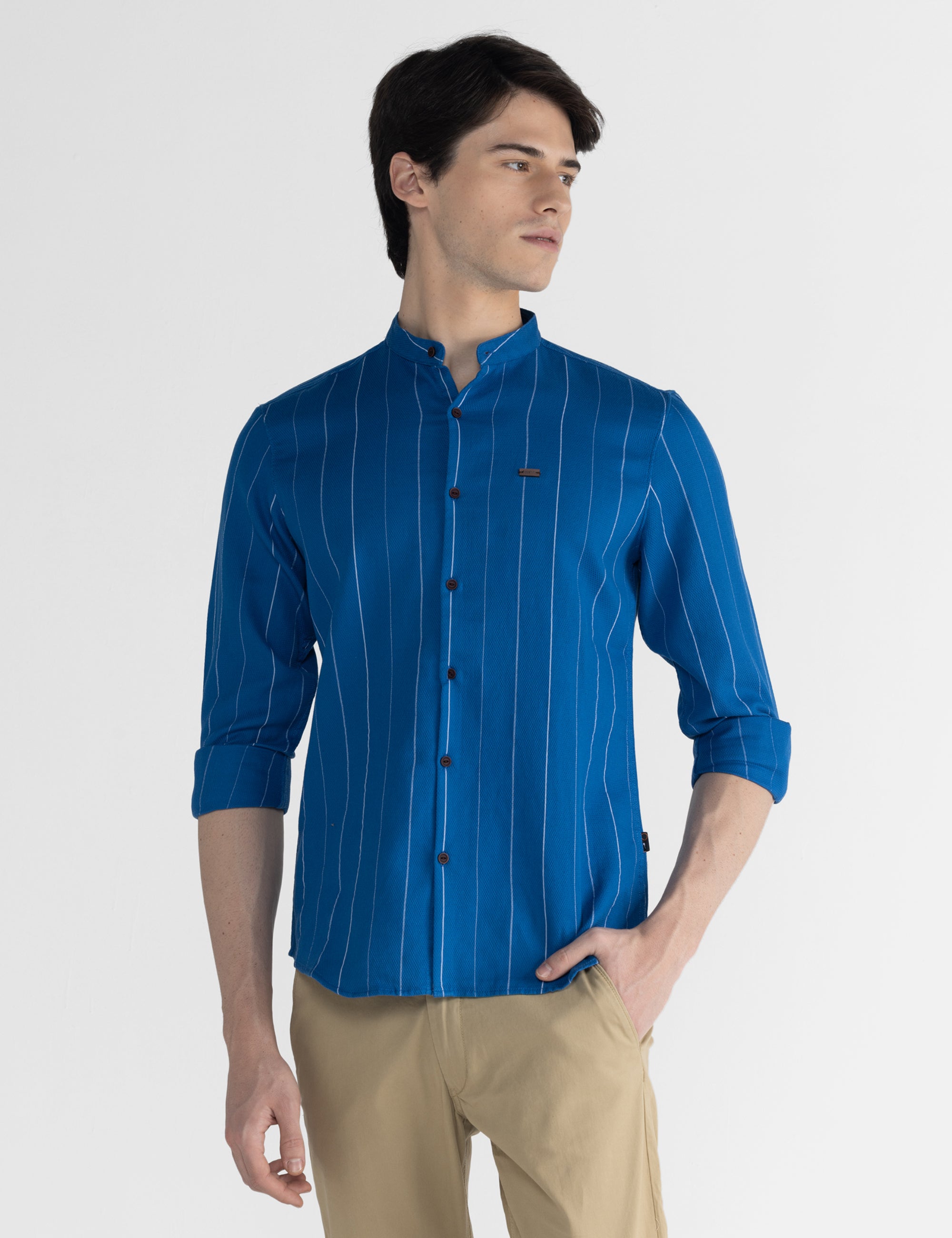 Identiti Men Mandarin Collar Casual Slim Fit Stripe Shirt In Blue