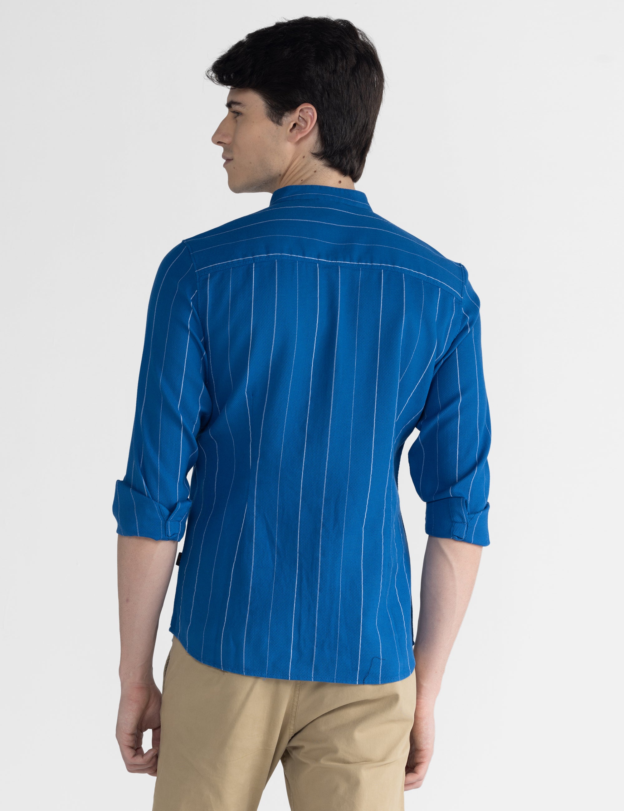 Identiti Men Mandarin Collar Casual Slim Fit Stripe Shirt In Blue