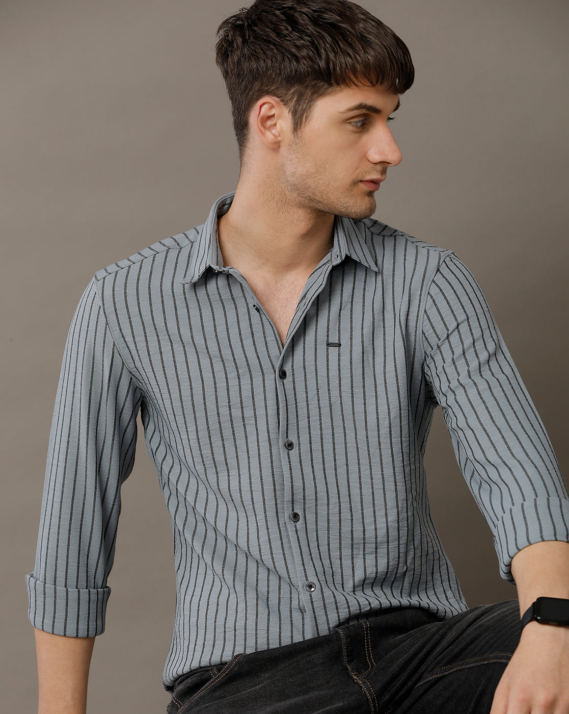 IDENTITI Men Slim Fit Regular Collar Stripe Shirt In Grey.
