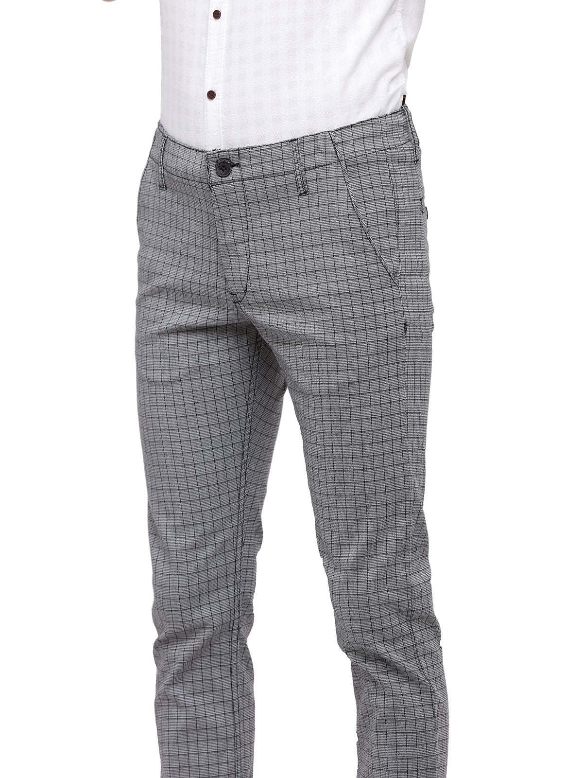 Men Grey Checkered Low- Mid Rise Athletic Skinny fit Trouser With Stretch