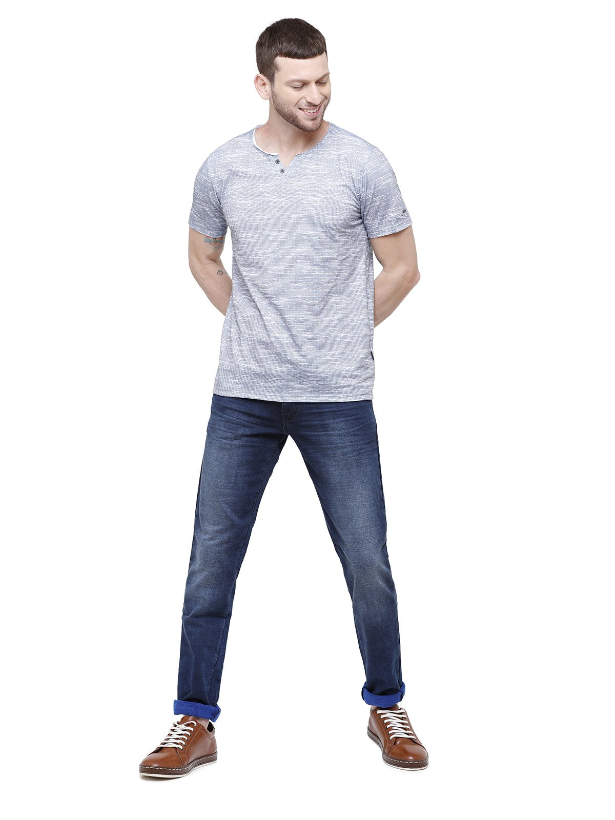 Men Blue V-Neck Graphic T-Shirt