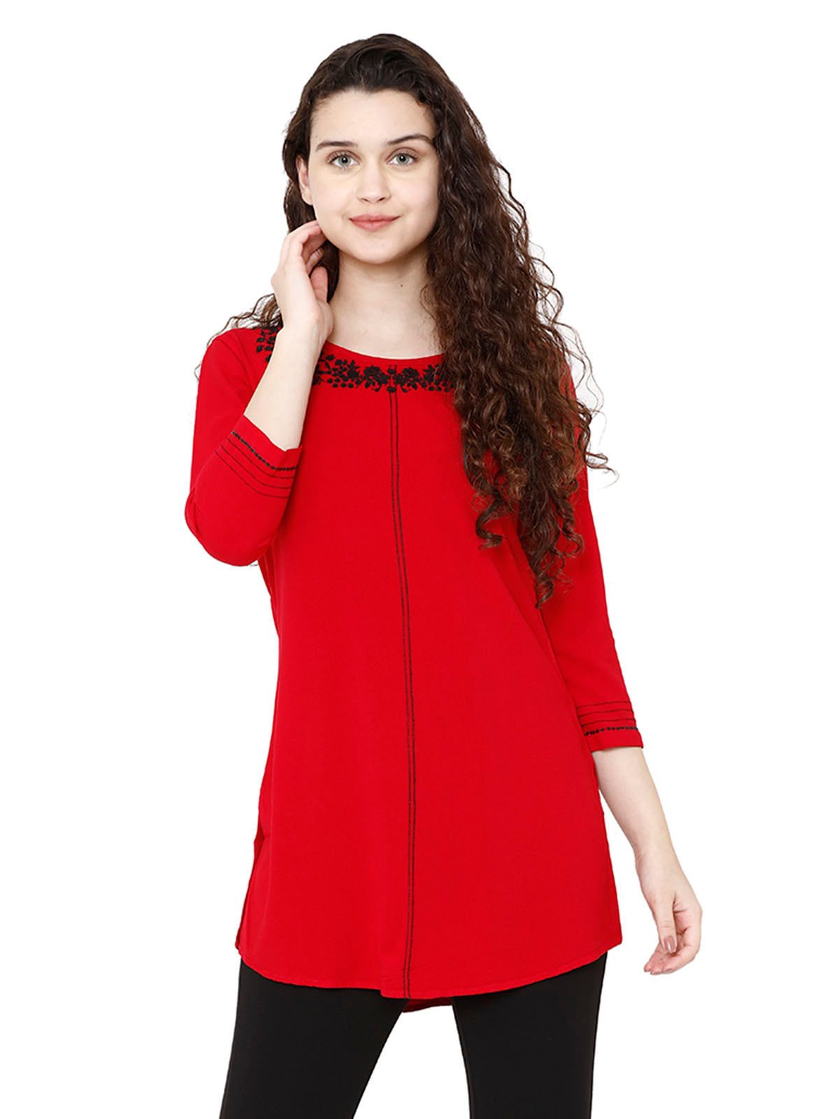 Women Indo Western Solid Red Viscose Tunic