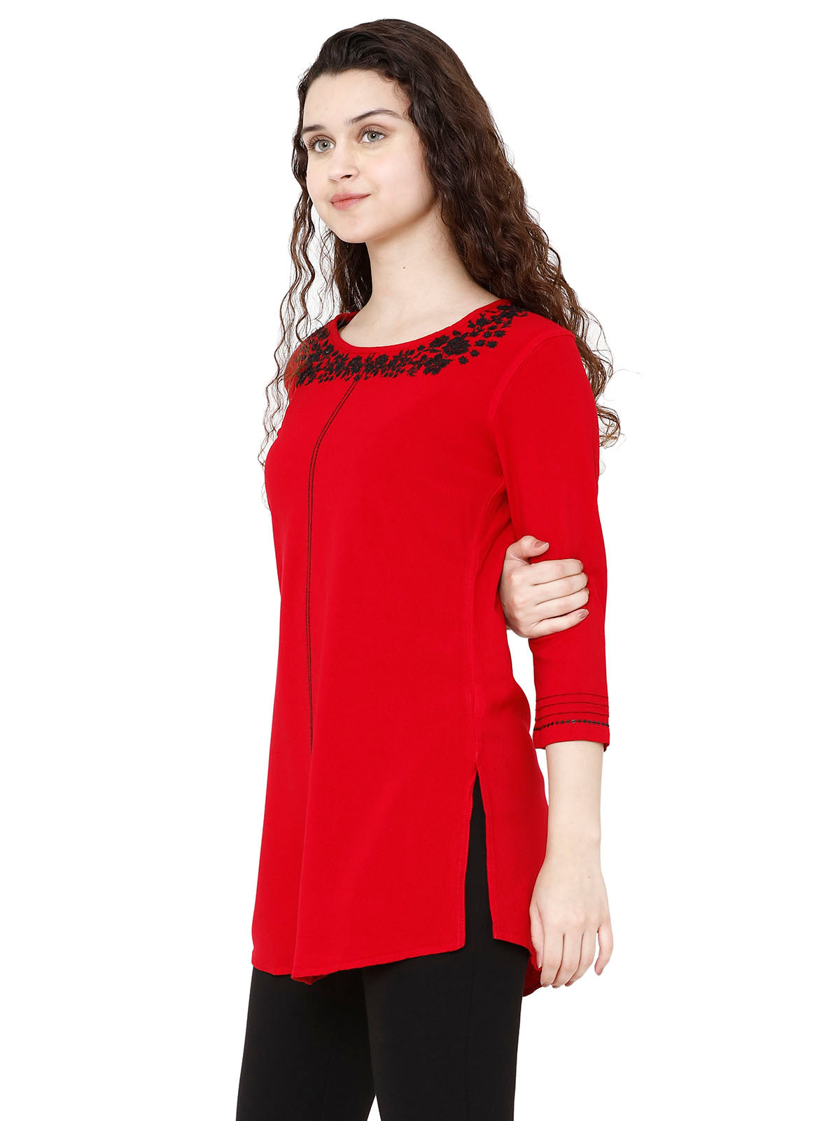 Women Indo Western Solid Red Viscose Tunic