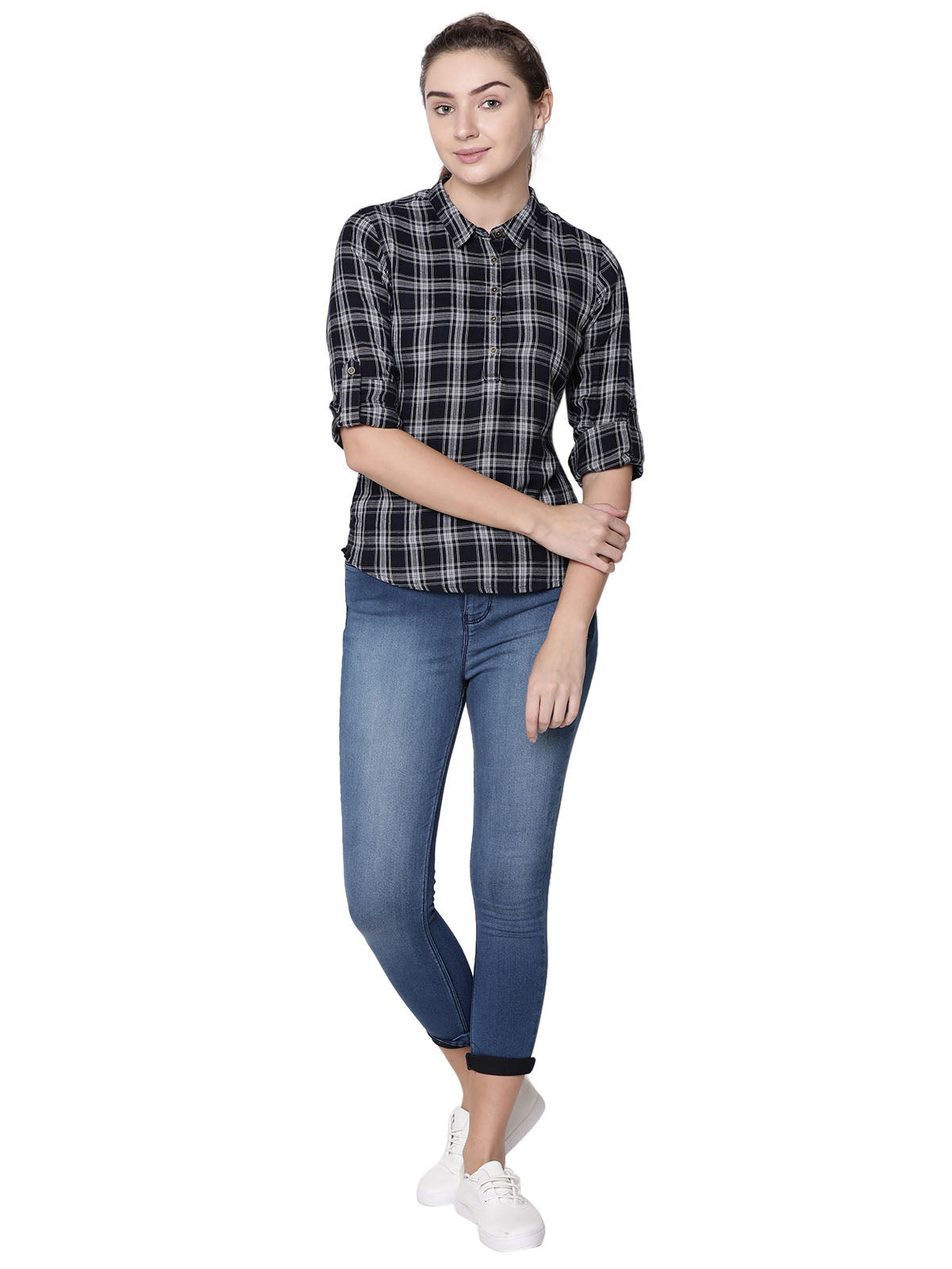 Women Navy Checkered Slim Fit Casual Top