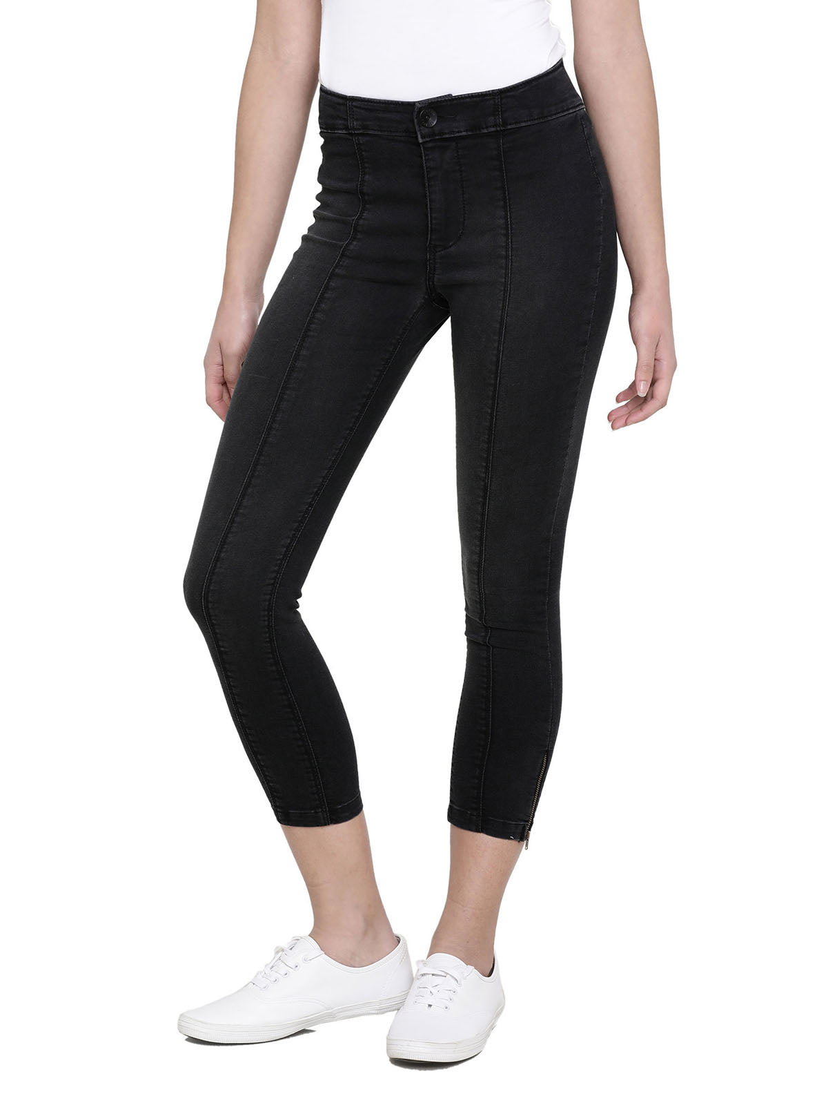 Women Black Mid Rise Clean Look Cropped Length Power Stretch Jeans