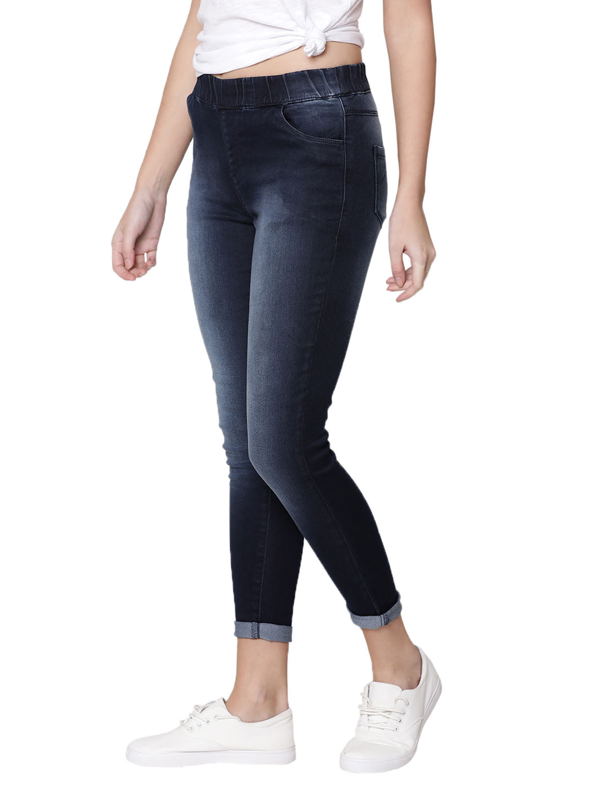 Women Darkt Blue Soft Elasticated Flexi Waist Cropped Length Clean Look Jeans