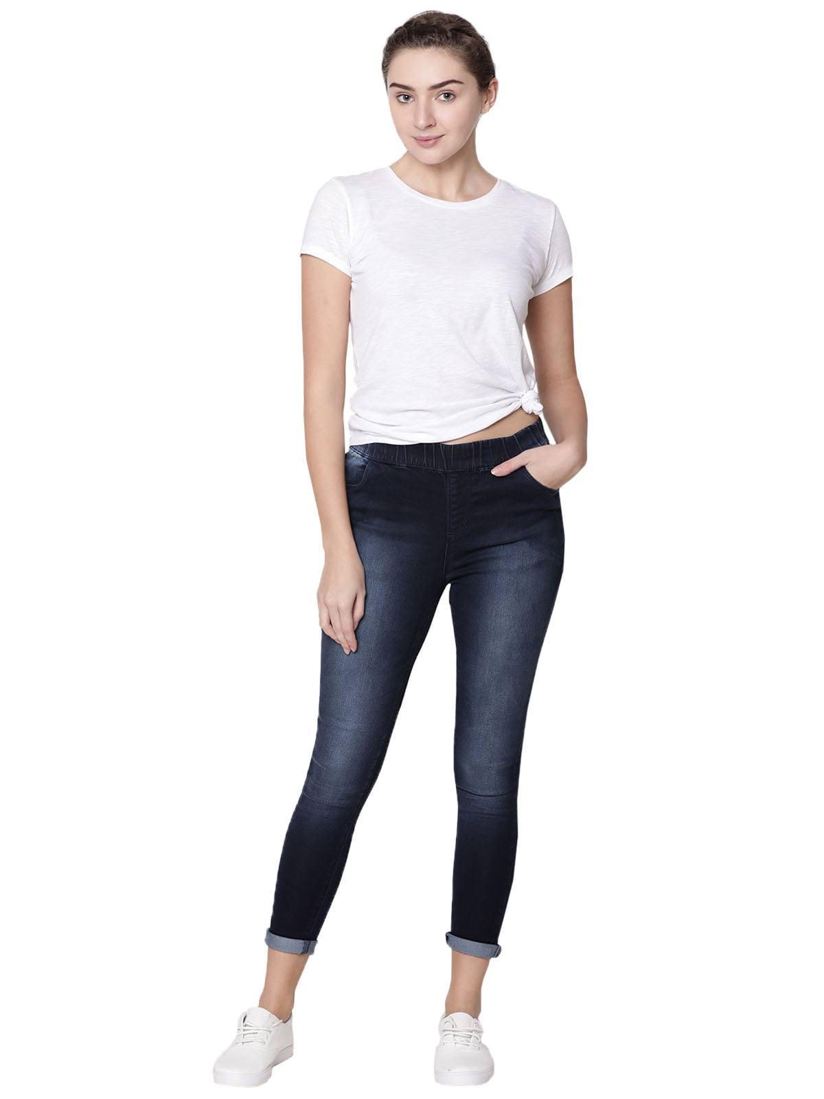 Women Darkt Blue Soft Elasticated Flexi Waist Cropped Length Clean Look Jeans