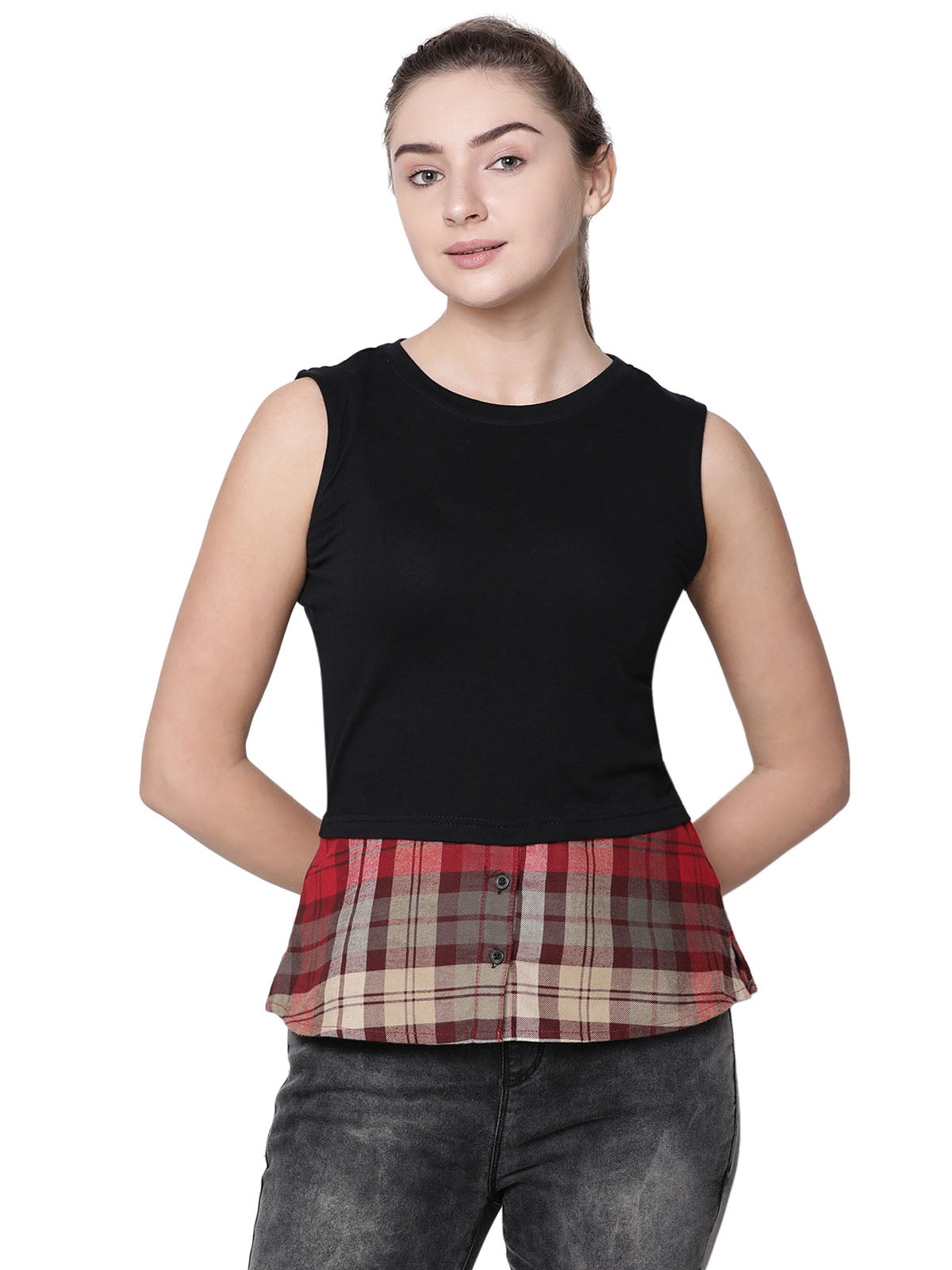 Women Checkered Black T- shirt