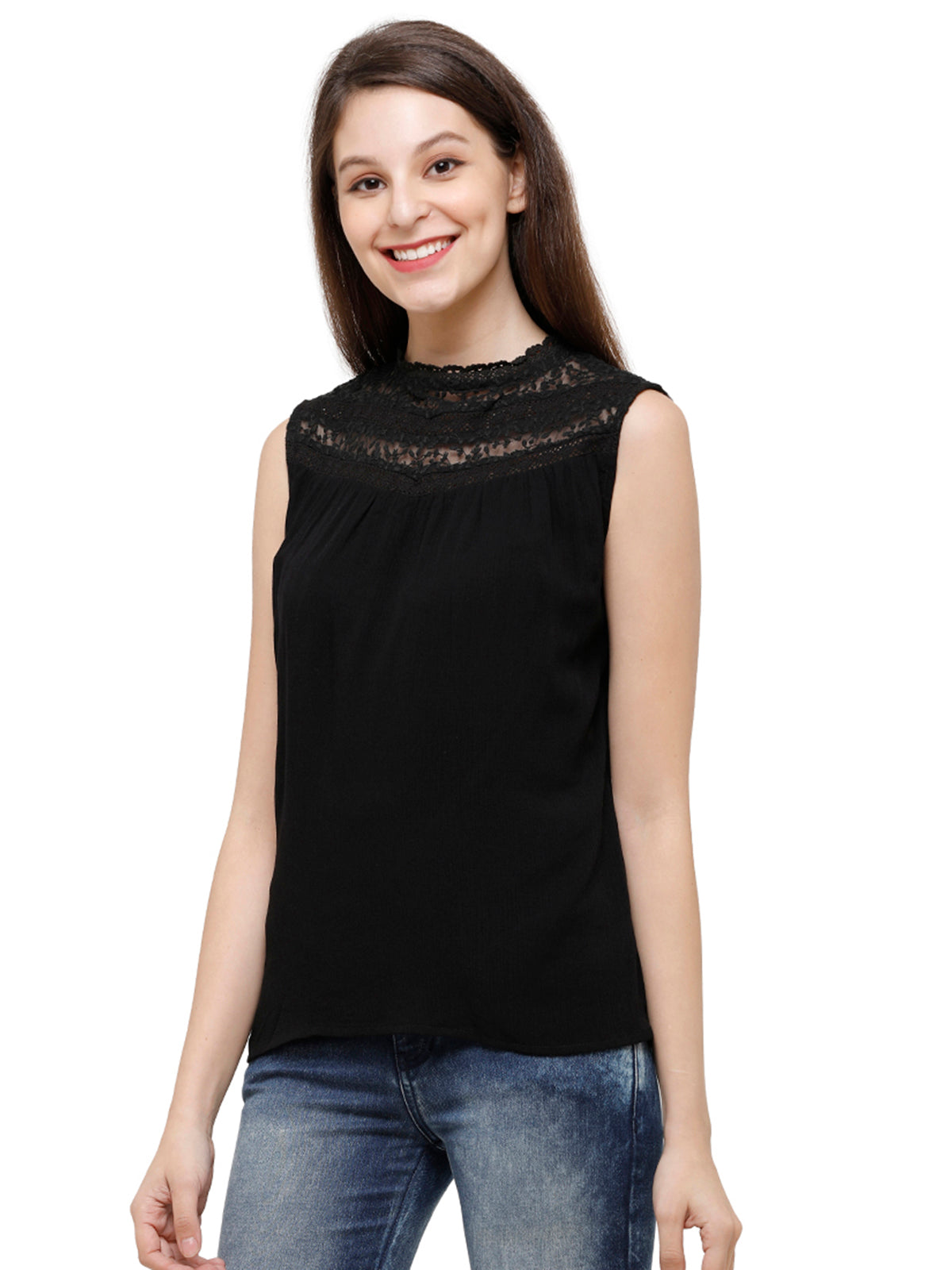 Identiti Women Fashion Top With Lace Detail At Front & Back Yoke