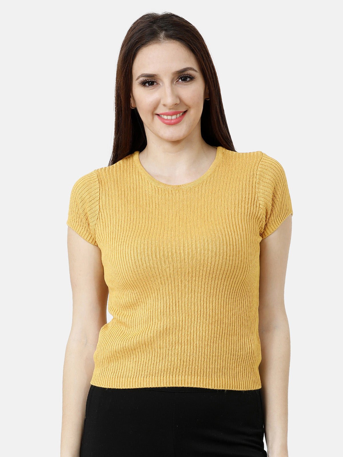 Identiti Women Mustard Ribbed Round Neck Short Sleeves Top In Flat Knit With Back Detail