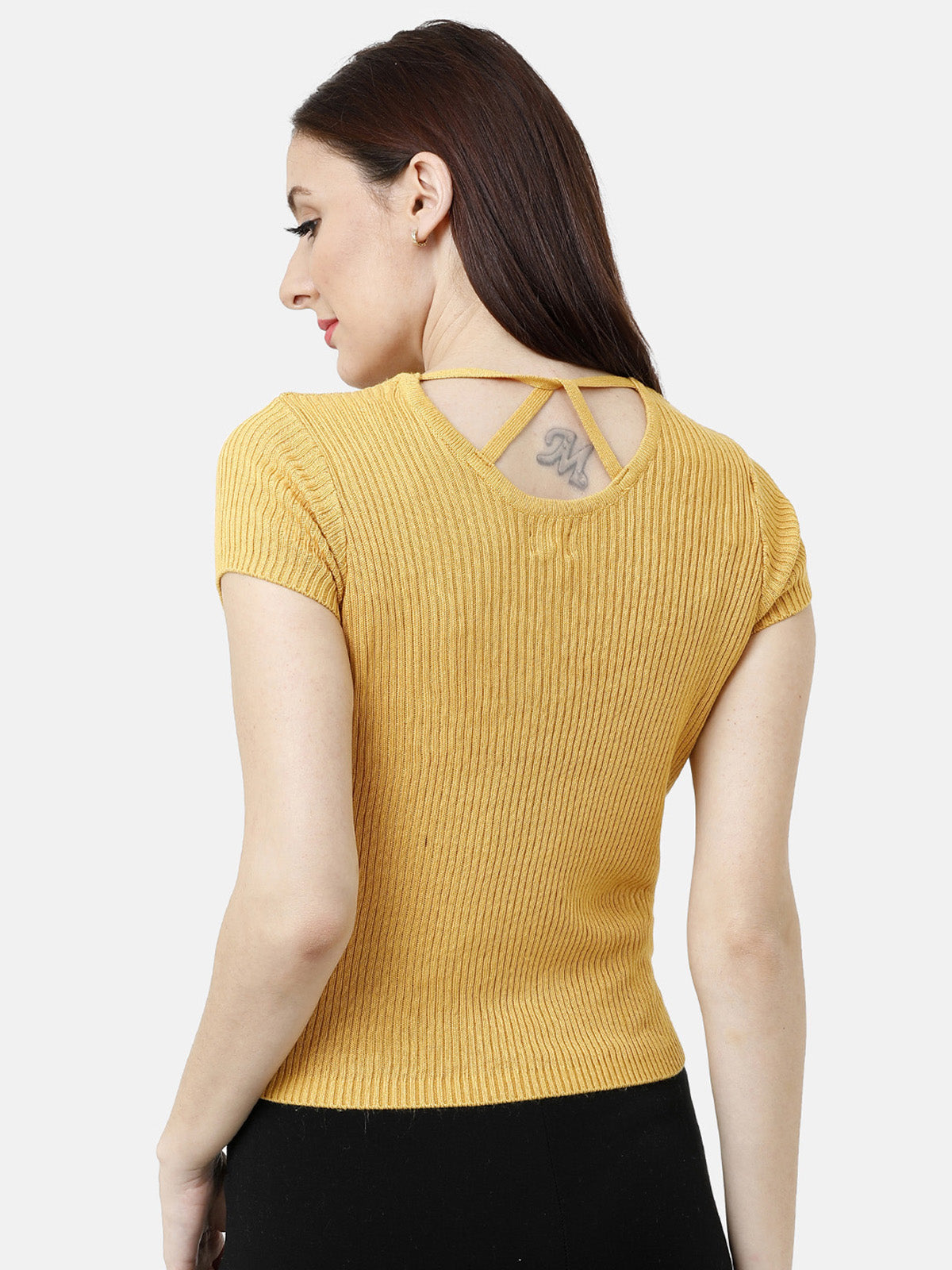 Identiti Women Mustard Ribbed Round Neck Short Sleeves Top In Flat Knit With Back Detail