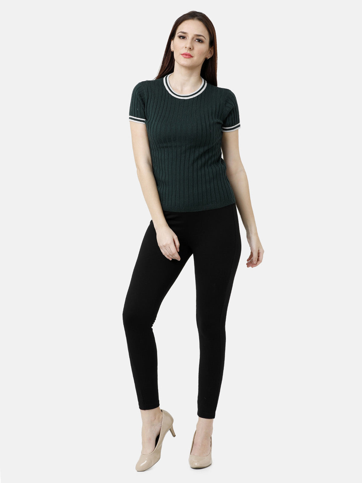 Identiti Women Ribbed Round Neck Short Sleeves Top In Flat Knit